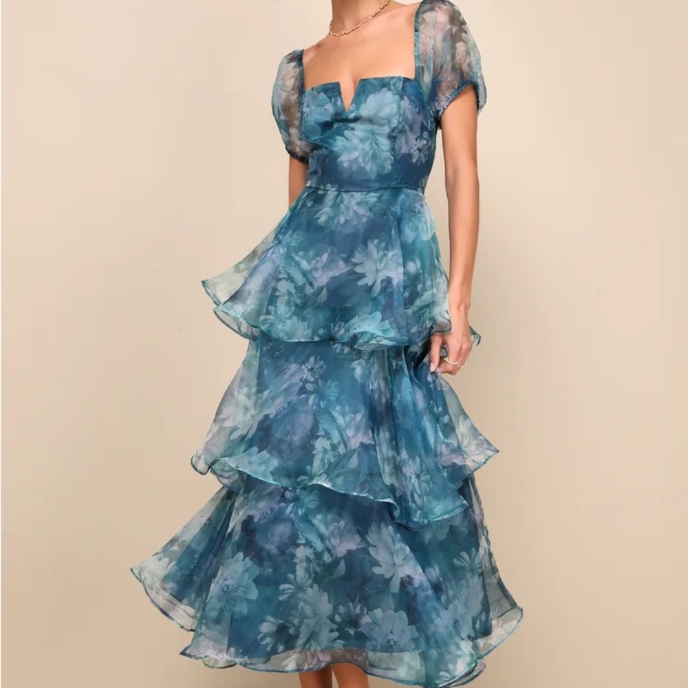 Lulu's Blue Floral Layered Midi Dress